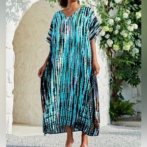Blue Tie Dye Kaftan Maxi Dress Swimsuit Beach Cover Up One Size